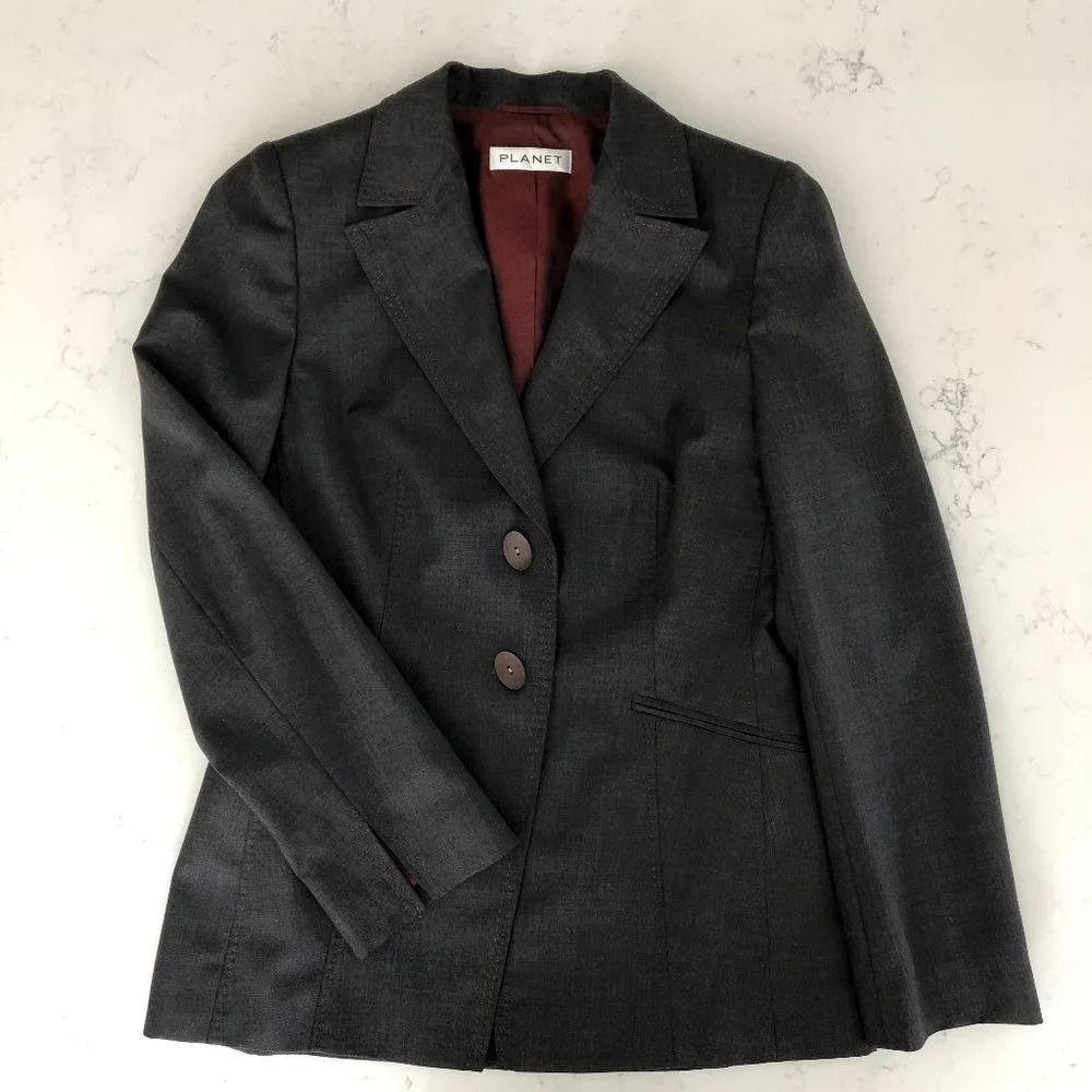 Planet Notch Collar Lined 2 Button Check Blazer w Pick-Stitching Grey+Red Sz 10